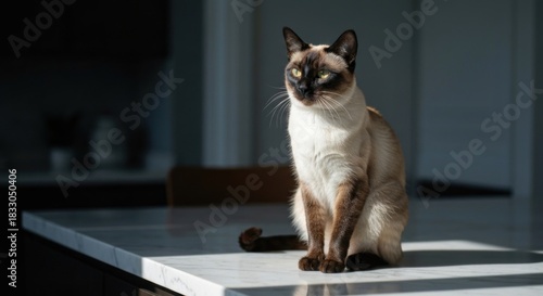 A Thai cat sits on a marble countertop, bathed in sunlight