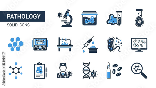 Set of solid icons for pathology and medical laboratory analysis. Collection of vector symbols for science, diagnostics, and healthcare