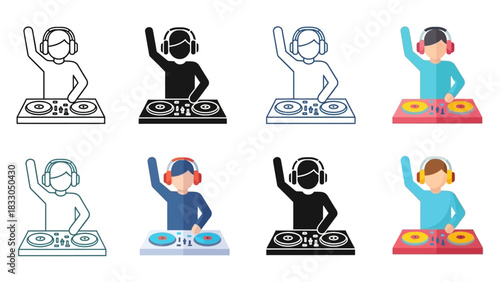 DJ Icon Set Various Styles and Colors of a Disc Jockey at Work, Ready to Mix Music