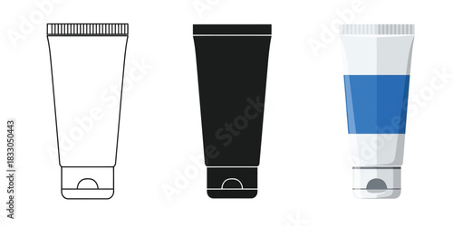 Cosmetic Tubes in Three styles vector set line art, silhouette and color version