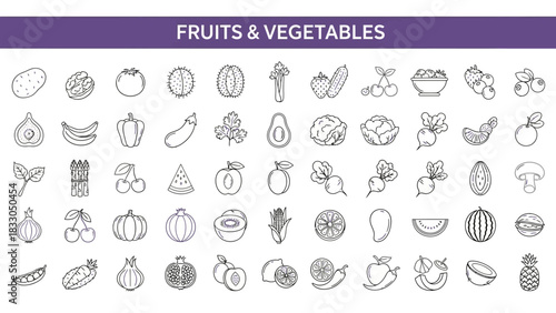 Fruits and Vegetables Line Art Icons A Collection of Healthy Food Illustrations