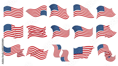Dynamic collection of waving American flags, a versatile set of vector illustrations showcasing patriotic symbols in various flowing forms on a clean white background