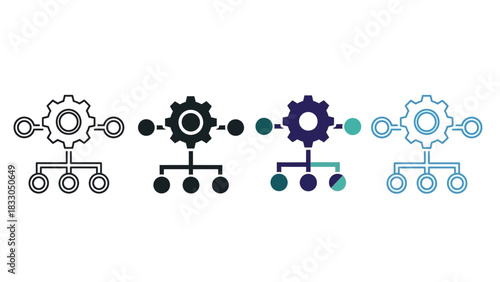 Abstract Representation of a Flowchart System with Gears and Nodes Illustrating Process and Connection