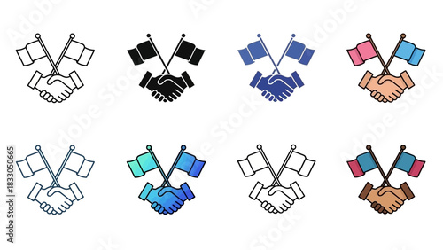Diverse Collection of International Cooperation and Diplomacy Icons, Featuring Handshakes and Crossed Flags, Symbolizing Global Partnership and Alliance Vector Set