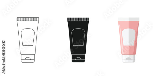 Cosmetic Tubes in Three styles vector set line art, silhouette and color version
