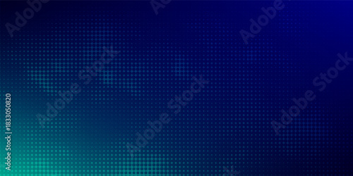 halftone with blue-green gradation, abstract background pattern, neon light reflecting walls and floors, dark colors, and feel the speed of digital technology connected with blue-green background.