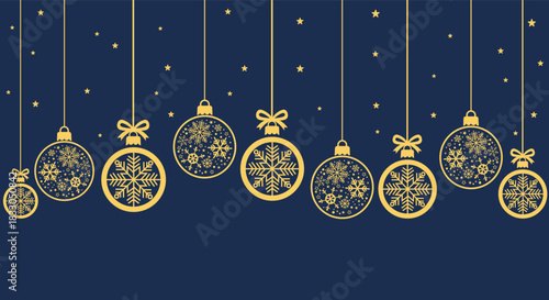 Elegant gold Christmas baubles and snowflakes hanging on dark blue background, festive holiday illustration perfect for seasonal greeting cards, winter banners, invitations and New Year party designs.
