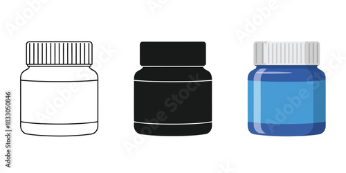 Pill Bottle In Three styles vector set line art, silhouette and color version
