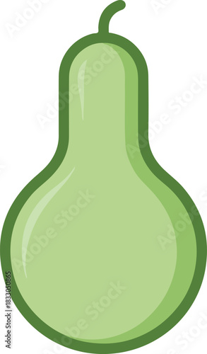 Vector depiction of a light green pear shaped fruit with a dark green outline and small stem isolated on a neutral background.