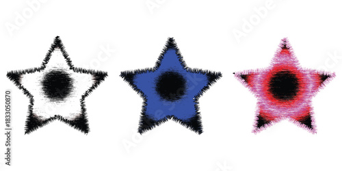 Colorful textured star set with black, blue, and pink rough sketch effects on clean white background, Grunge sketch star trio featuring black, blue, and pink textured shapes  