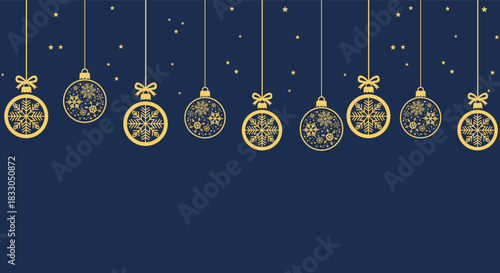 Elegant gold Christmas baubles and snowflakes hanging on dark blue background, festive holiday illustration perfect for seasonal greeting cards, winter banners, invitations and New Year party designs.