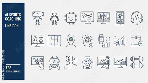 AI Sports Coaching Line Icons Personalized Training, Performance Analysis, and Data Visualization