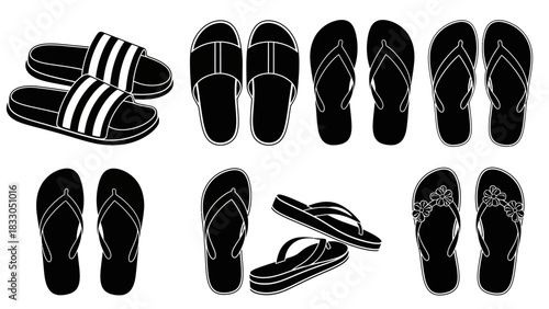 A versatile vector set of black and white summer footwear icons, showcasing different styles of flip-flops and sandals for graphic design