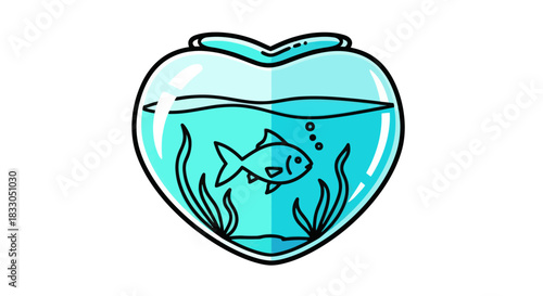Cute cartoon fish in a heart-shaped aquarium with plants and bubbles