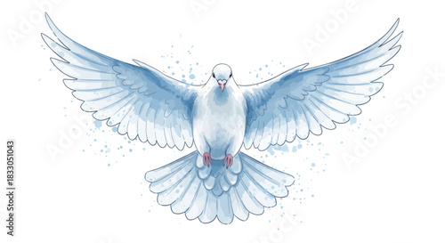 Beautiful white dove flying with wings spread, watercolor illustration on white.