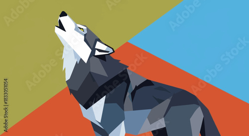 Geometric wolf howling against an abstract colorful background.