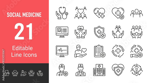 Collection of Editable Line Icons for Social Medicine and Healthcare Services