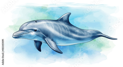 Watercolor illustration of a smiling dolphin swimming in the ocean.