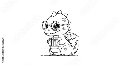 Cute Cartoon Dragon with Reading Glasses Holding Books
