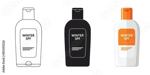 Winter spf sunscreen lotion bottles in Three styles vector set line art, silhouette and color version