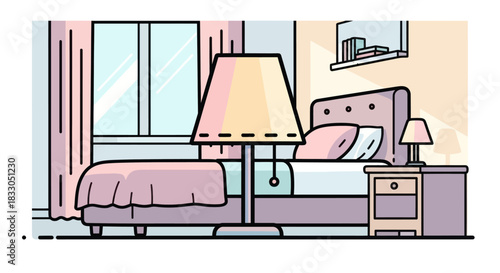 Cozy Bedroom Interior with Minimalist Line Art Style