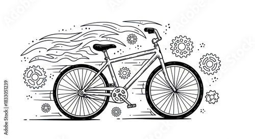 Dynamic Bicycle with Mechanical Gears and Speed Lines Illustration