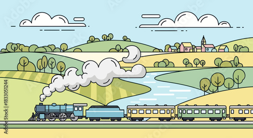 An old steam train travels through a charming rural landscape.