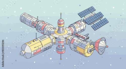 Colorful cartoon space station orbiting peacefully in outer space.
