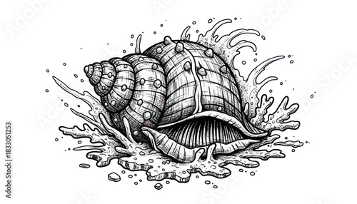 Detailed Seashell Line Art with Dynamic Water Splash