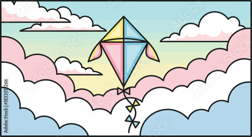 A colorful kite flies high in a dreamy pastel sky among soft clouds.