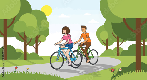 Couple riding bicycles together in a green park on a sunny day.