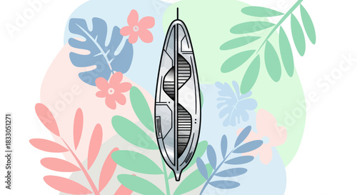 Modern Biology Illustration with DNA Helix and Botanical Backdrop