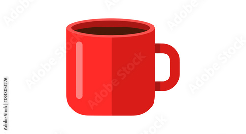 Simple red coffee mug with hot beverage isolated on white background.
