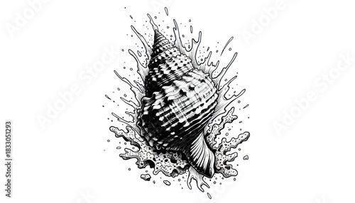 Black and White Conch Seashell with Dynamic Splash Illustration