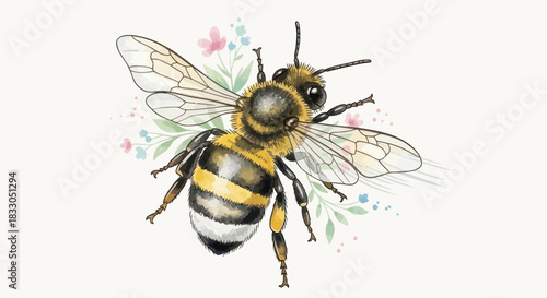 A charming watercolor bumblebee illustration surrounded by delicate wildflowers.