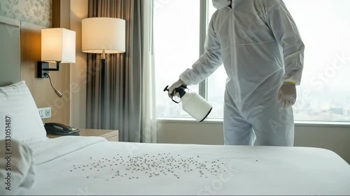 Man in protective suit spraying bed with insecticide to prevent or exterminate bed bug infestation in a hotel room