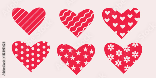Set of Valentine’s Day red hearts patterned with stripes, flowers, waves, stars and dots. Collection set for clip art, stickers and greeting cards