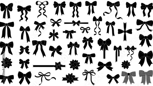 A versatile collection of elegant black silhouette bows and decorative ribbons, perfect vector illustrations for festive gift wrapping, stylish design projects, and celebratory event embellishments