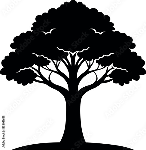 Black Silhouette Arbor Tree with Wide Canopy and Flying Birds on Ground Patch