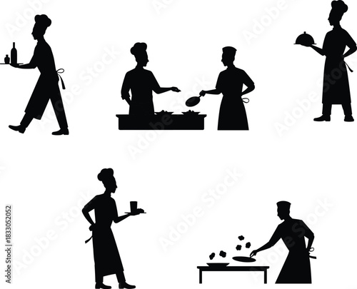 Chef and waiter silhouettes, cooking and serving set, restaurant staff icons, kitchen professionals, food service concept, catering workers, hospitality vector illustration collection