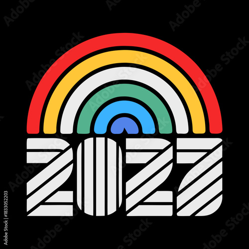 Retro rainbow arc over thick striped 2027 new year