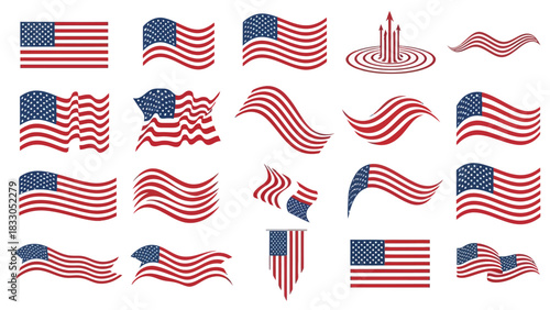 Set of American Flags Vector Illustrations for Independence Day