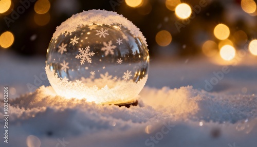 glowing empty snow globe on soft snowy surface, bokeh lights, magical holiday atmosphere,