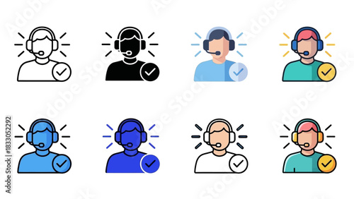 Customer Support Icon Set Featuring Headset User with Check Mark