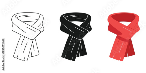 Scarf icons In Three styles vector set line art, silhouette and color version