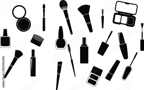 Cosmetics and makeup tools silhouette set, beauty brushes, mascara, eyeliner, nail polish, powder compact, eyeshadow palette, grooming icons, fashion vector illustration pack