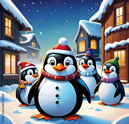 Cartoon penguins in colorful hats on the street in a winter village