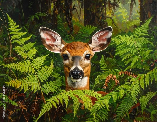 Serene Forest Encounter: A Gentle Deer Amidst Lush Green Ferns and Woodland Beauty
