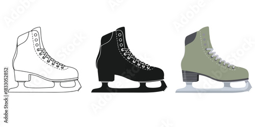 Ice Skates In Three styles vector set line art, silhouette and color version