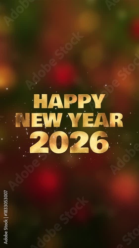 Dazzling golden Happy New Year 2026 text reveal, celebratory vertical postcard, shimmering light dust and glittering bokeh background, rich joyful colors, seasonal greeting, Copy space